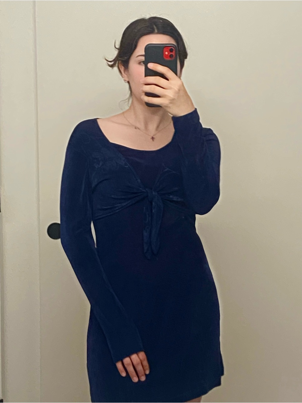 Mirrors 2 Navy Long-Sleeve Tie Front Velvet Dress